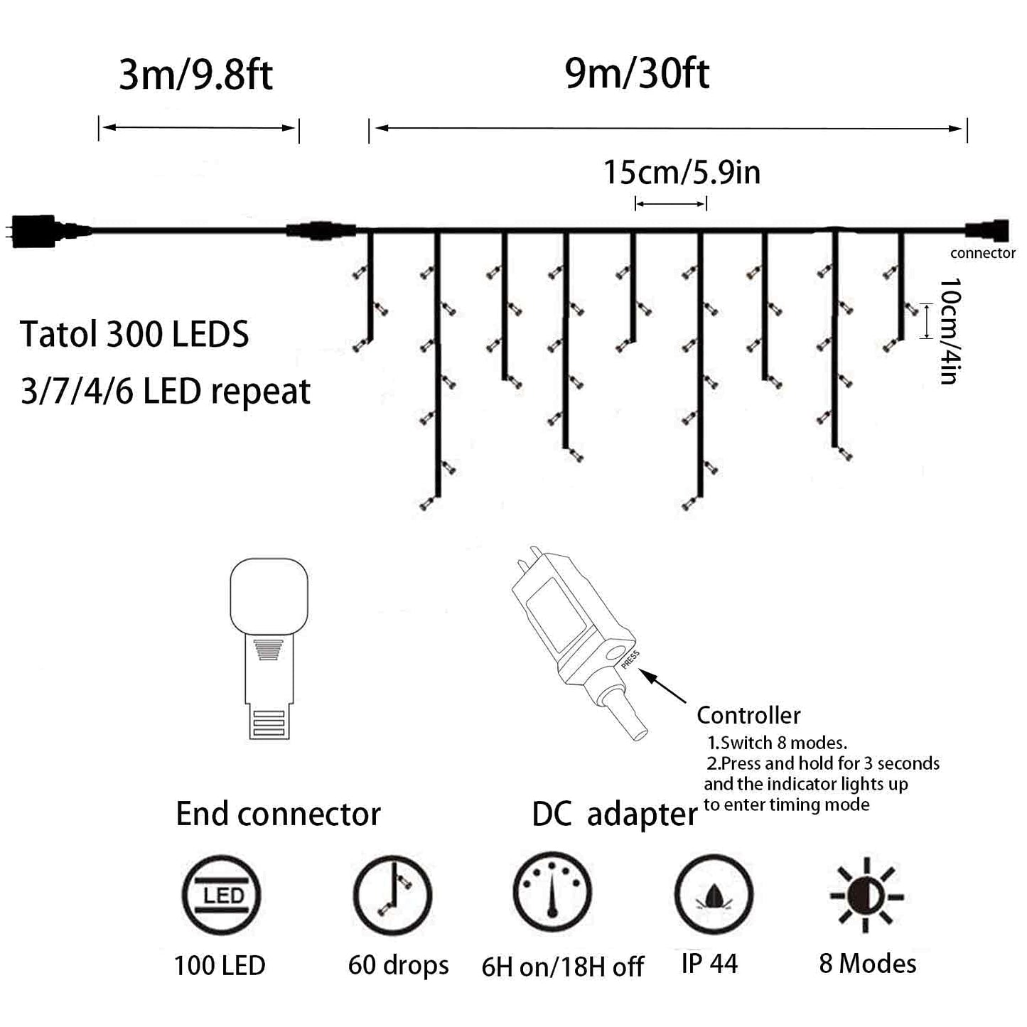 YASENN 300LED Icicle Lights Cool White, 29.5FT Outdoor Christmas Light with 8 Modes & Memory Timer, 60 Strands Dripping Waterfall Lights for Roof Eaves, Gutters, Window, Patio, Party Decor