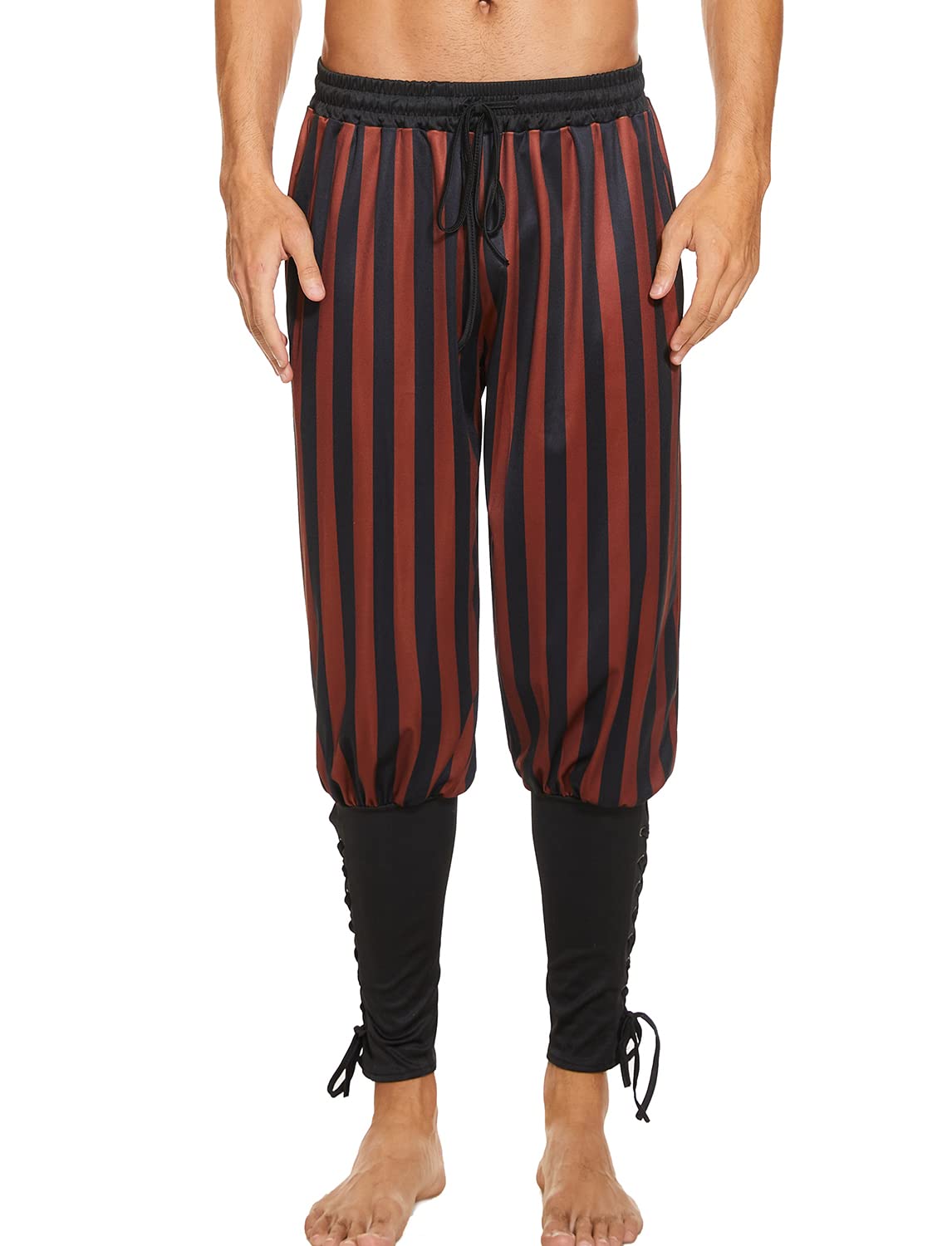 Mens Vintage Striped Pirate Pants Costume, Halloween Medieval Ankle Banded Pants, Renaissance Gothic Viking Navigator Trousers (L,Black-Brown)
