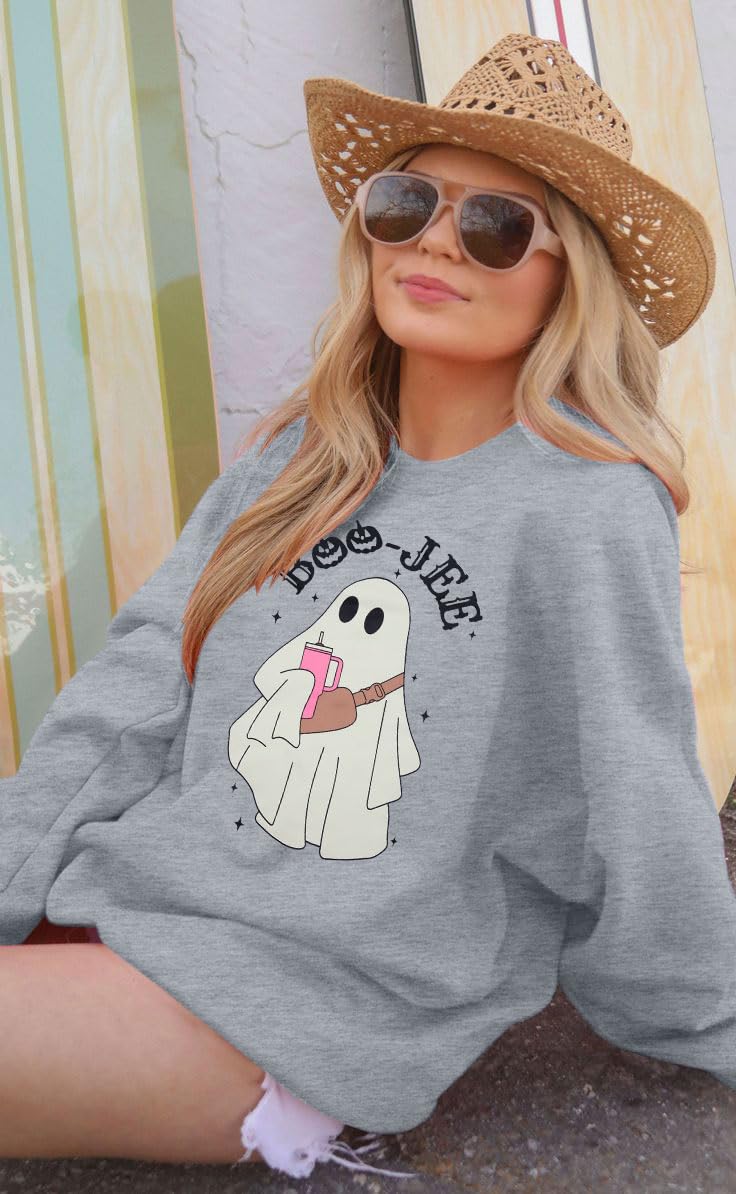 DUTUT JEE Ghost Halloween Sweatshirt - Women's Funny Spooky Season Pumpkin Graphic Long Sleeve Pullover Top Light Grey