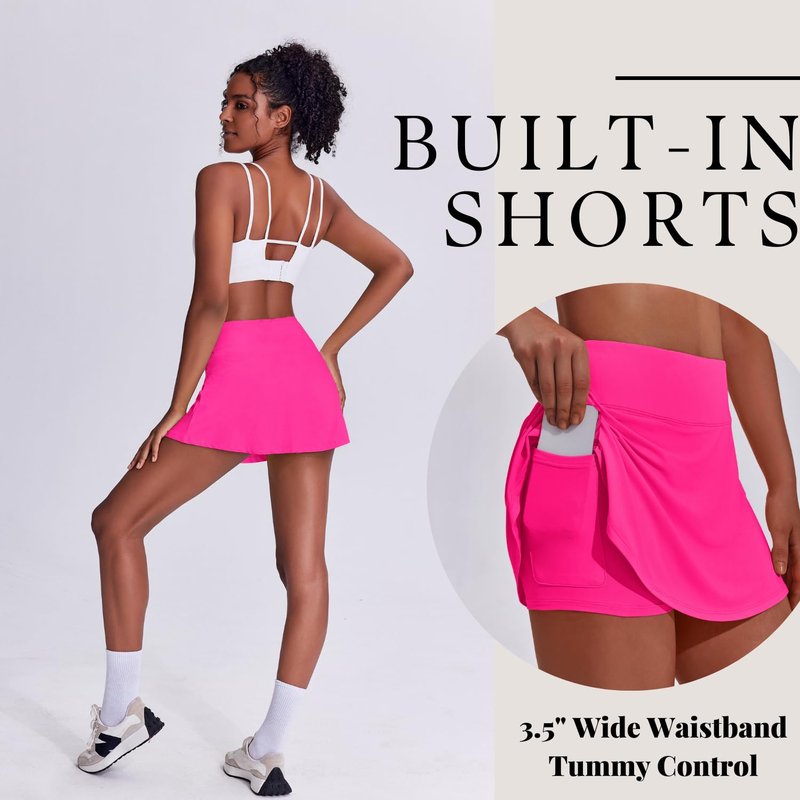 PINSPARK Cute Pleated Skirts for Women High Waisted Tennis Golf Skorts with Pockets Casual Athletic Workout Skater,Hot Pink Small