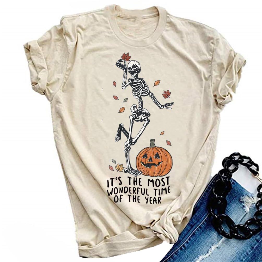 Halloween Pumpkin Shirts Women Fall T-Shirts Cute Autumn Graphic Tees Thanksgiving Tops(A-Wonderful/Beige,L)