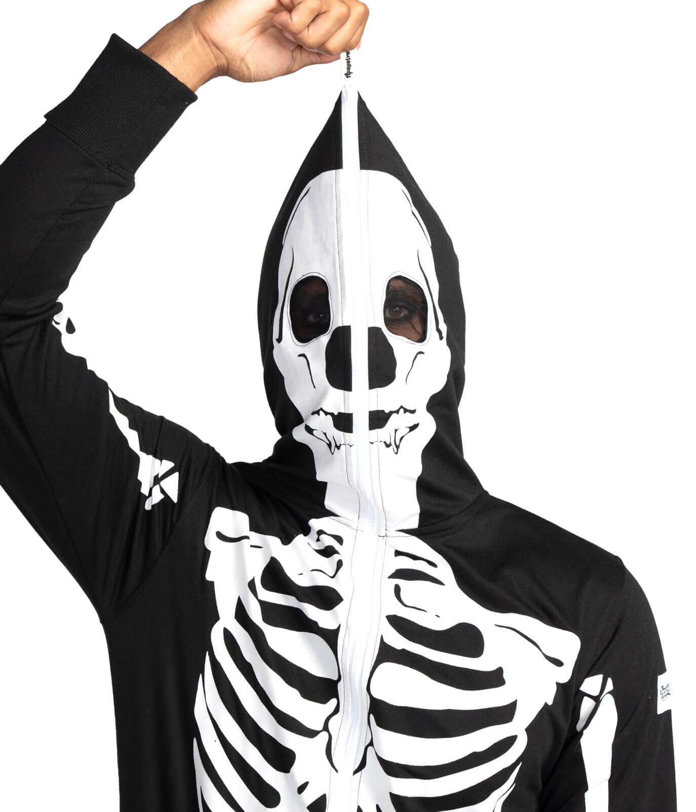 Tipsy Elves Halloween Skeleton Costume for Men - Comfy Adult Skeleton Jumpsuit with Hood - Men's White Bones Jumpsuit Halloween Costume with Full Zip Hood Size X-Large