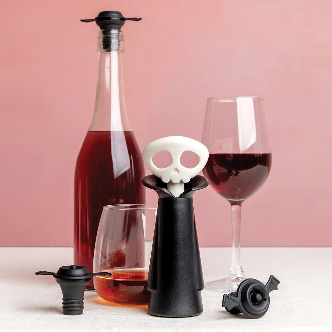 OTOTO New Spookelier Wine Saver Pump and 3 Wine Stopper - Wine Bottle Stoppers for Wine Bottles, Wine Stoppers Vacuum, Spooky Goth Accessories, Fun Skull Halloween Goth Kitchen, Goth Gifts Gadgets