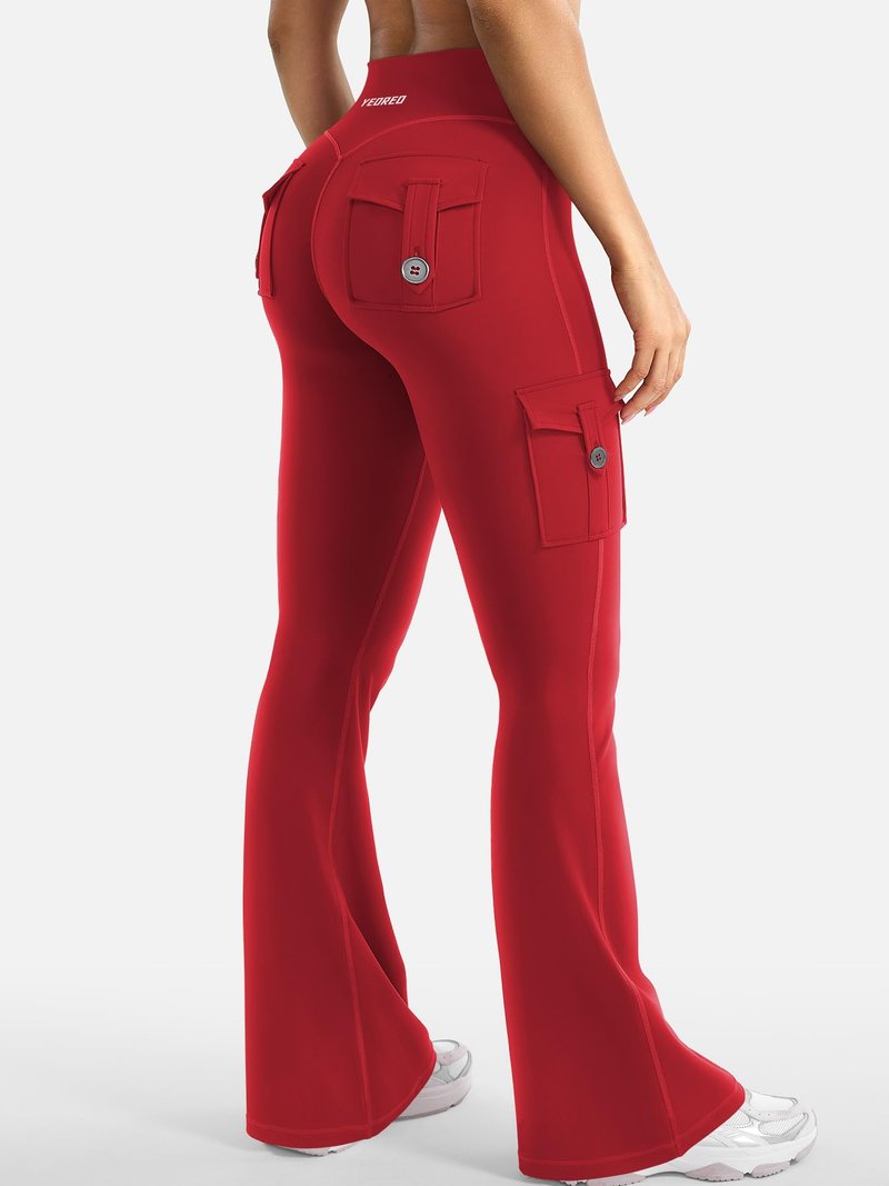 YEOREO CoreFlex Women Workout Flare Leggings with Pockets Hidden Scrunch Cargo Gym Yoga No Front Seam Leggings Red XS