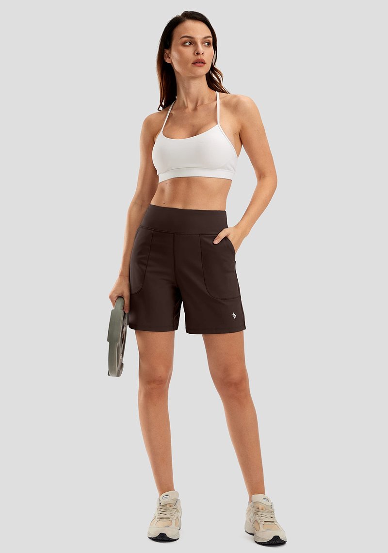 SANTINY Women's 6'' Athletic Long Shorts with 4 Pockets High Waisted Bermuda Shorts for Women Walking Running Casual (Brown_XL)