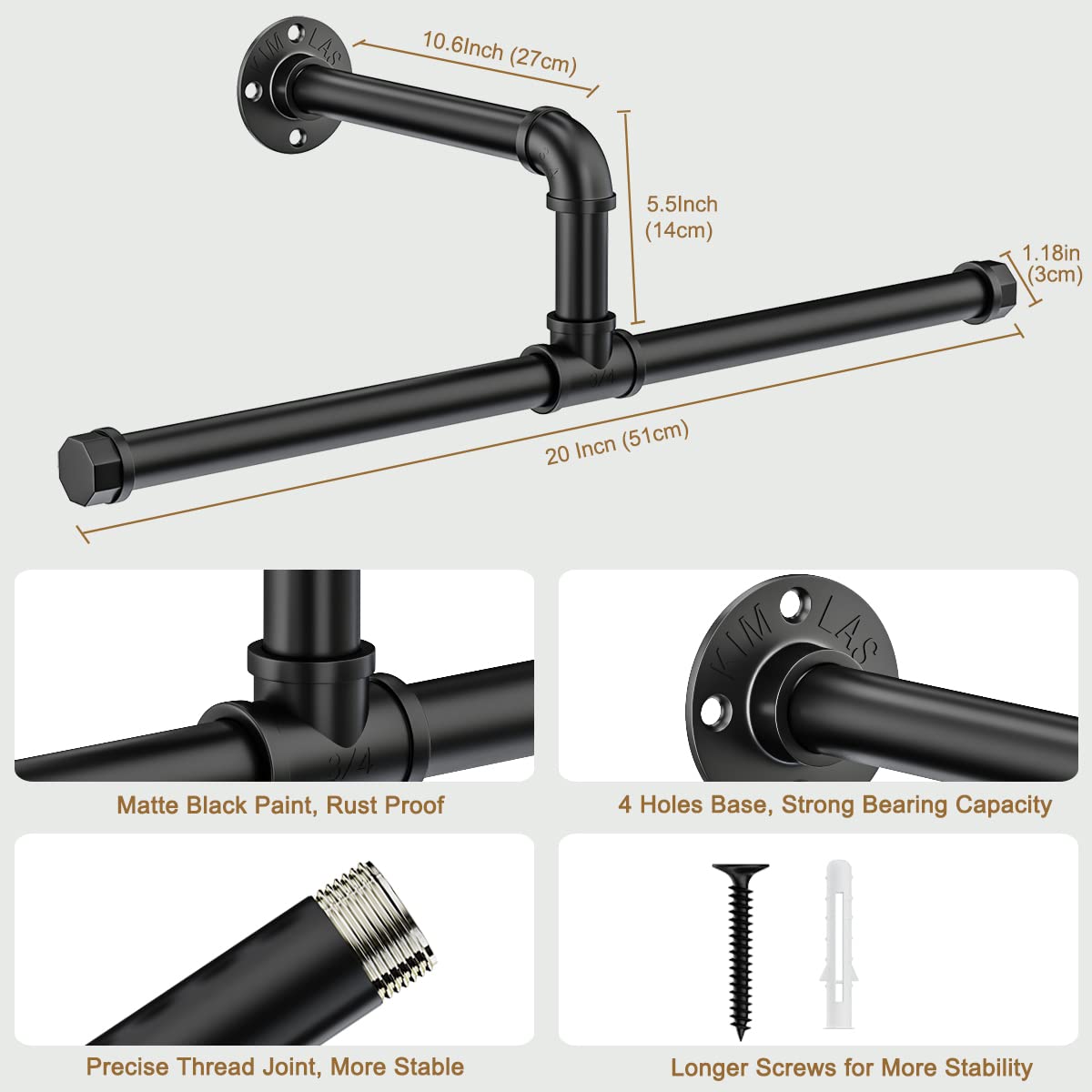 FANHAO Industrial Pipe Clothes Rail, Heavy Duty Rustic Detachable Wall Mounted Clothes Rack Black Iron Garment Bar, Multi-purpose Hanging Rod for Closet Storage, 2 Pack