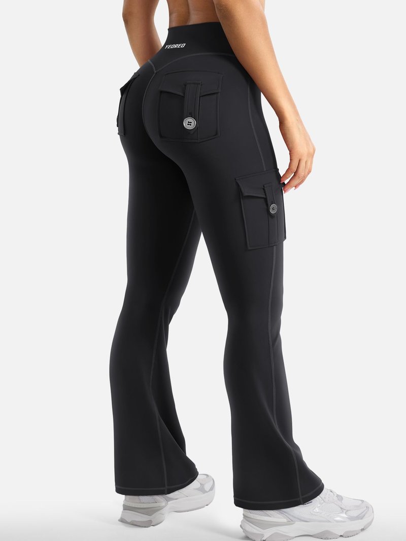 YEOREO CoreFlex Women Workout Flare Leggings with Pockets Scrunch Cargo Gym Yoga Leggings Black L