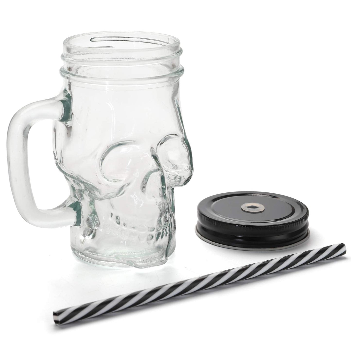 TOPZEA 6 Pack Skull Mason Jars with Handle, 16 Oz Glass Beer Mugs Gothic Wide Mouth Tumbler Cup with Straws and Lids, Novelty Pub Bar Mug Halloween Drinking Glasses for Beverage, Liquor, Mix Cocktail