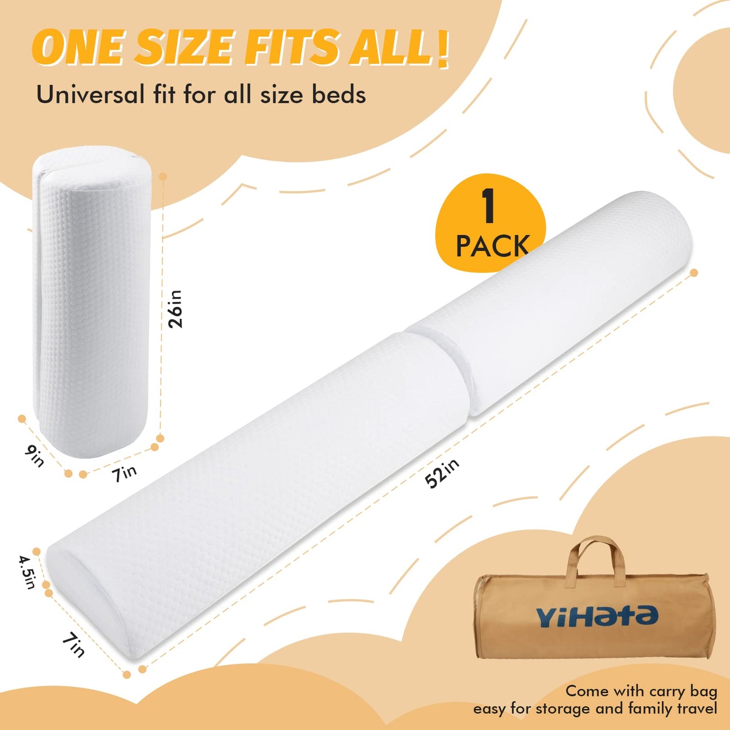 YIHATA 2in1 Toddler Bed Guard, Bed Rail for Toddlers, Bed Barrier Long Foam Detachable Foldable Model, Bed Bumper for Toddlers Baby Elderly, Travel Safety Easy to Carry Suitable for All Beds