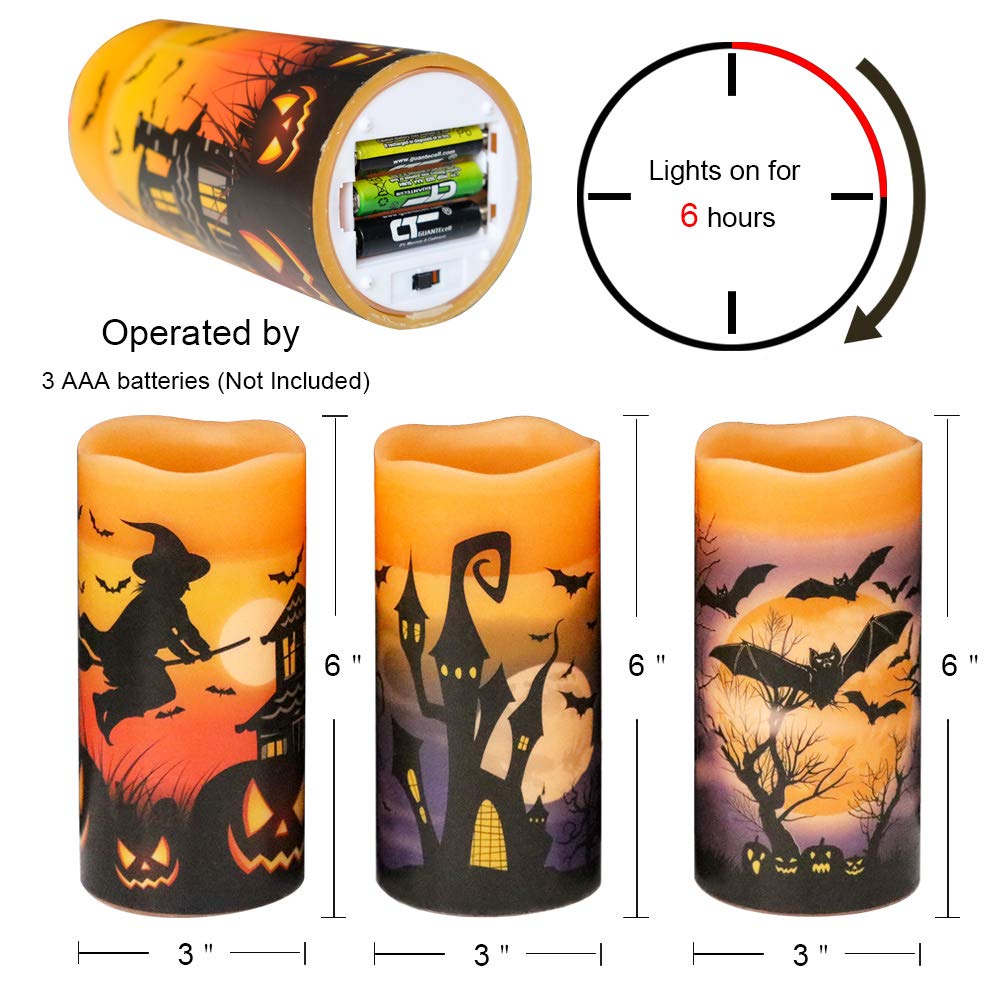 DRomance Flameless Candles Battery Operated with 6 Hour Timer, Halloween Decals Real Wax LED Flickering Pillar Candles Set of 3 Indoor Halloween Window Table Decor(3 x 6 Inches)
