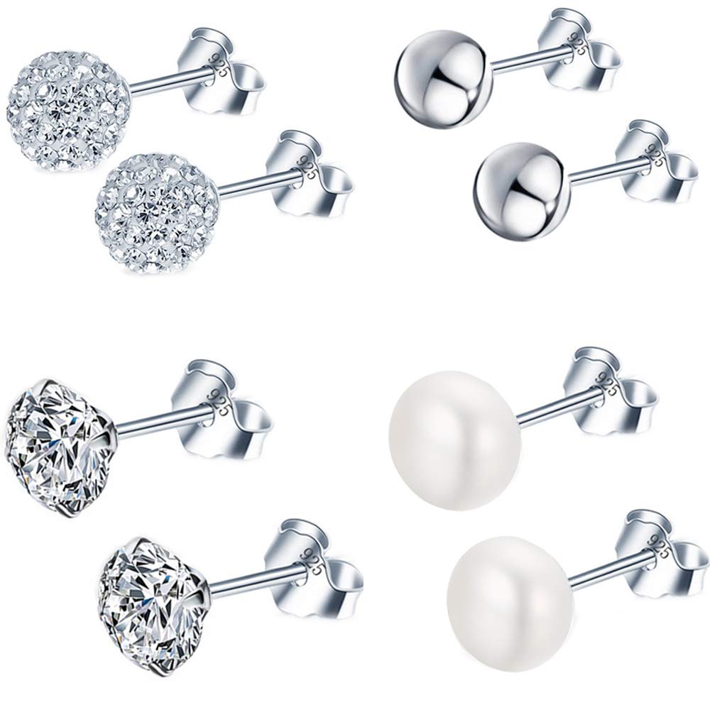 Epoch World 925 Sterling Silver Earrings Set 4 Pairs Silver Stud Earrings for Women Men Hypoallergenic Studs Womens Earrings Mens Ball Earrings Pearl Earrings Diamond Studs Earrings for Teen Girls