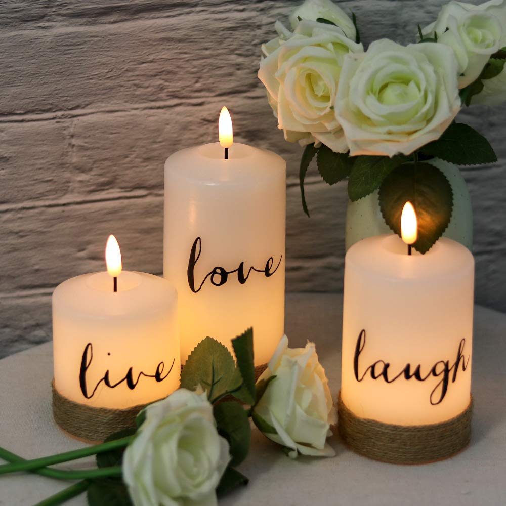 GenSwin Battery Flameless Candles with 10-Key Remote Timer, Real Wax Pillar LED Candles Live Laugh Love, Realistic 3D Wick Flickering Gift (D3 x H4.7 5.7" 6.7", Pack of 3)
