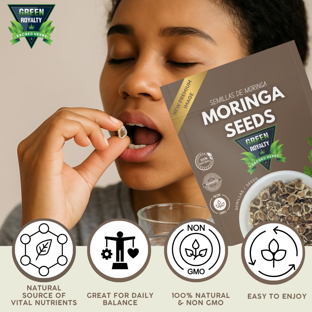 Green Royalty Moringa Seeds (350 + Count) β 100% Natural Non-GMO Herbal Seeds β Nutrient-Rich Superfood for Daily Balance β Sugar Free, Caffeine Free, Gluten Free β 2-Month Supply