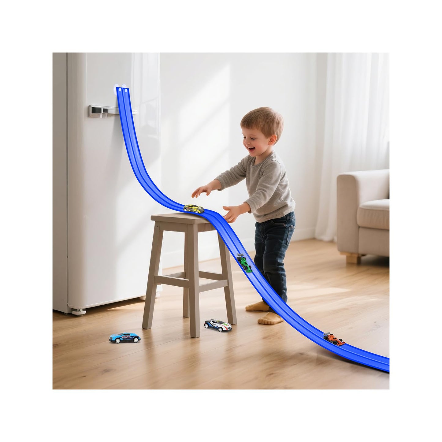 Car Track 5m Includes 4 Cars: KETIEE Flexible Race Track Car Ramp Track Toy Car Race Track Rolls Up Portable Dual Racetrack for Jumps Loops Ramps for 1/64th Cars for Ages 3+, Blue