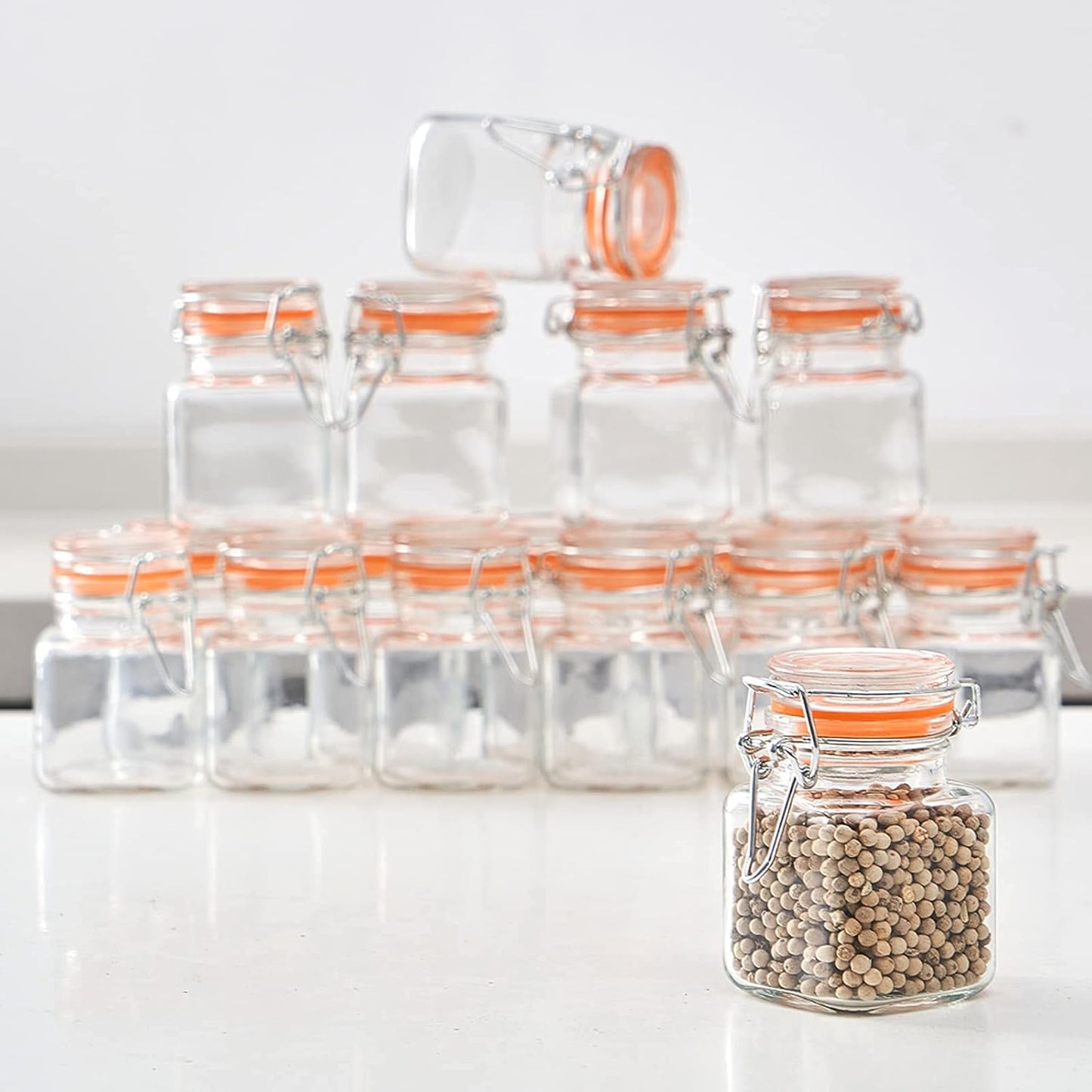 3.4 oz Small Glass Spice Jars with Lables, 24 Pack Empty Mini Square Spice Bottles with Airtight Flip Top Lids, Chalkboard Labels and Collapsible Funnel for Home and Kitchen