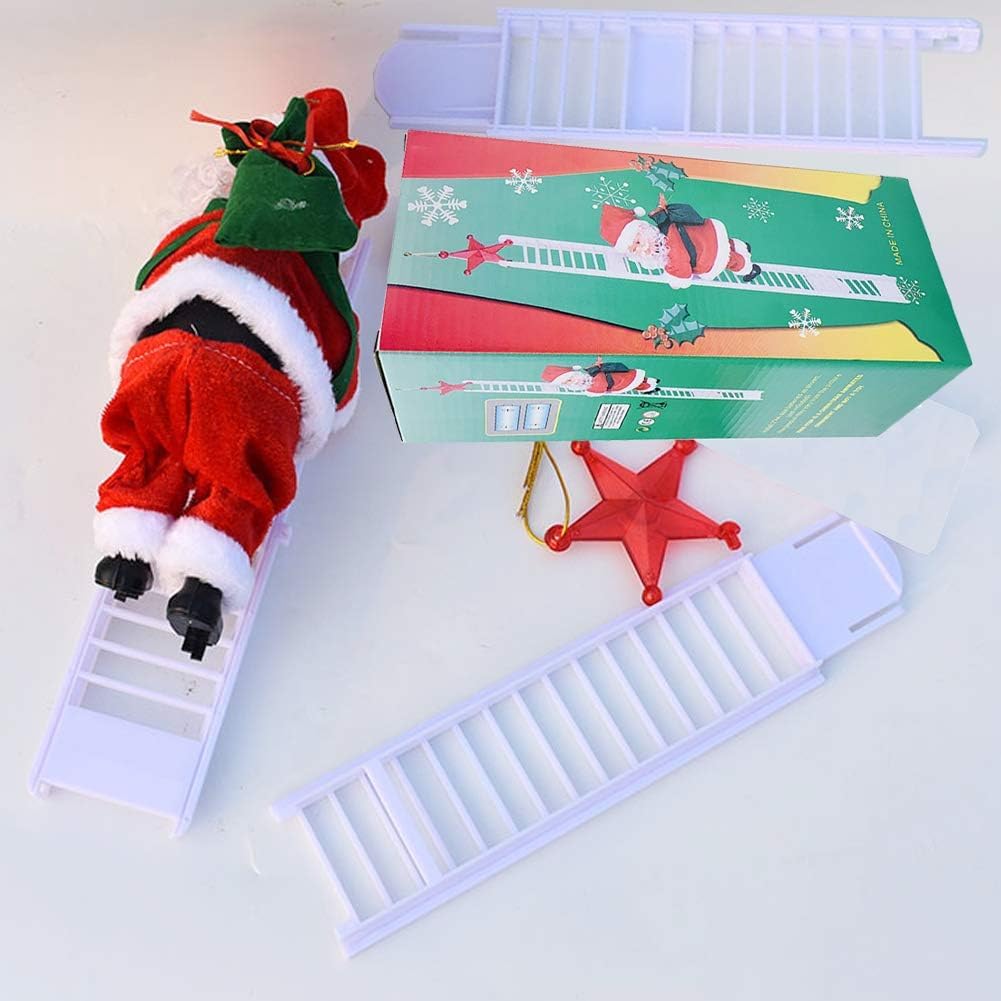 Climbing Santa Ladder Electric Santa Claus Climbing Ladder Up and Down Creative Plush Santa Claus Figure with Bag Musical Moving Santa Indoor Xmas Tree Hanging Ornaments for Party Home Decor
