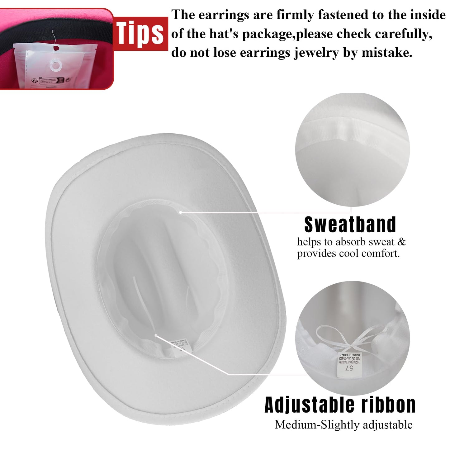 Aswitnove Cowboy Hat Rhinestone Cowgirl Boots Earrings Set Western Earrings Felt Fedora Jazz Hat Rodeo Outfit for Women Boots White