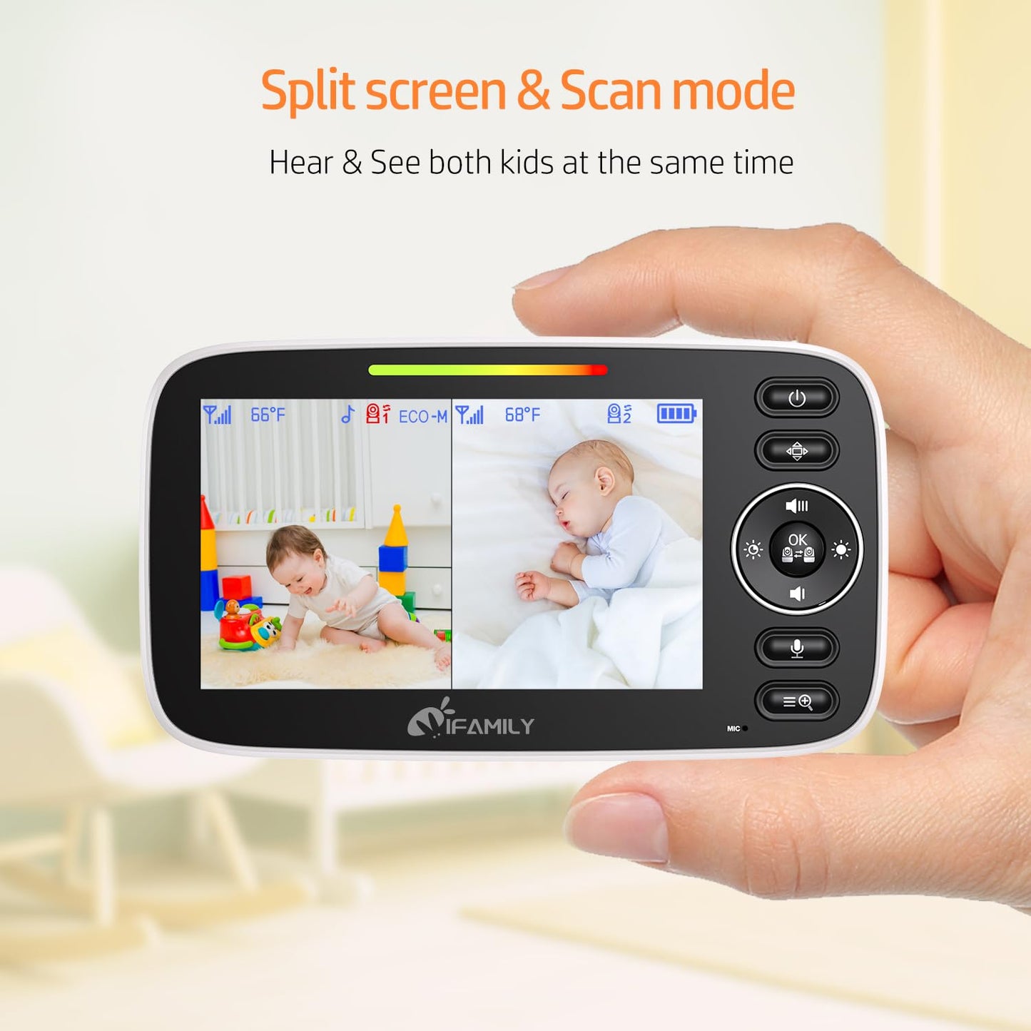 iFamily Split Screen Baby Monitor, Large Display Video Baby Monitor with 2 Cameras and Audio, Long Range, Remote pan tilt, Night Vision, Temperature Sensor, 2 Way Talk, Feeding Clock and lullabies.