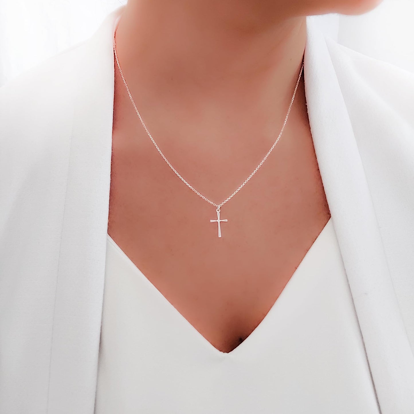 Annika Bella Small Cross Necklace, 925 Sterling Silver Faith Jewelry, Religious Tiny Pendant Charm Necklaces, Gift for Her (Silver)