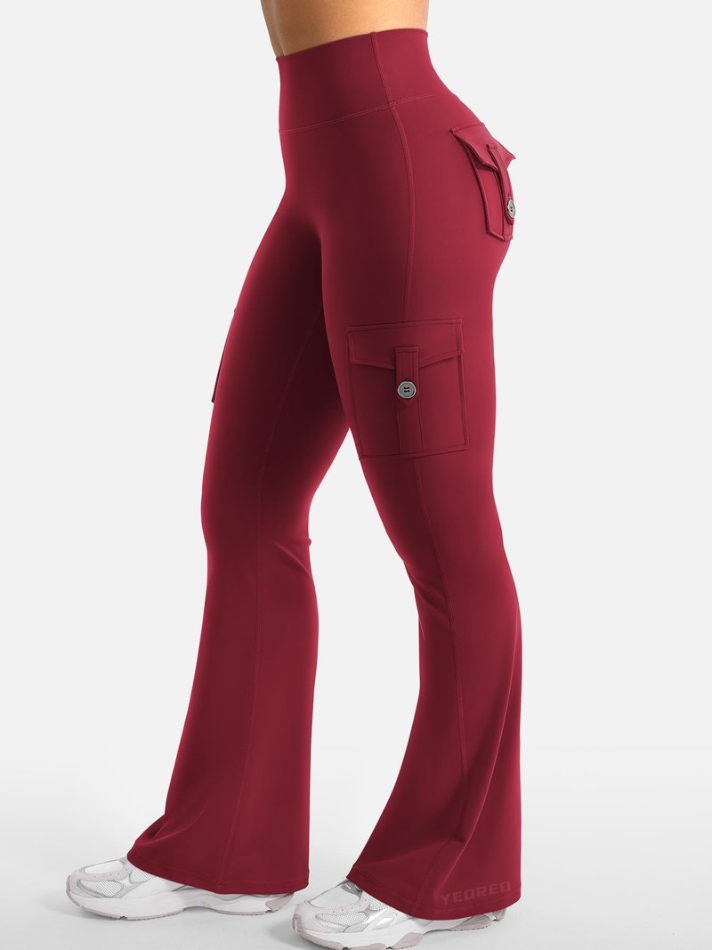 YEOREO CoreFlex Women Workout Flare Leggings with Pockets Hidden Scrunch High Waisted Cargo Gym Yoga Leggings Wine S