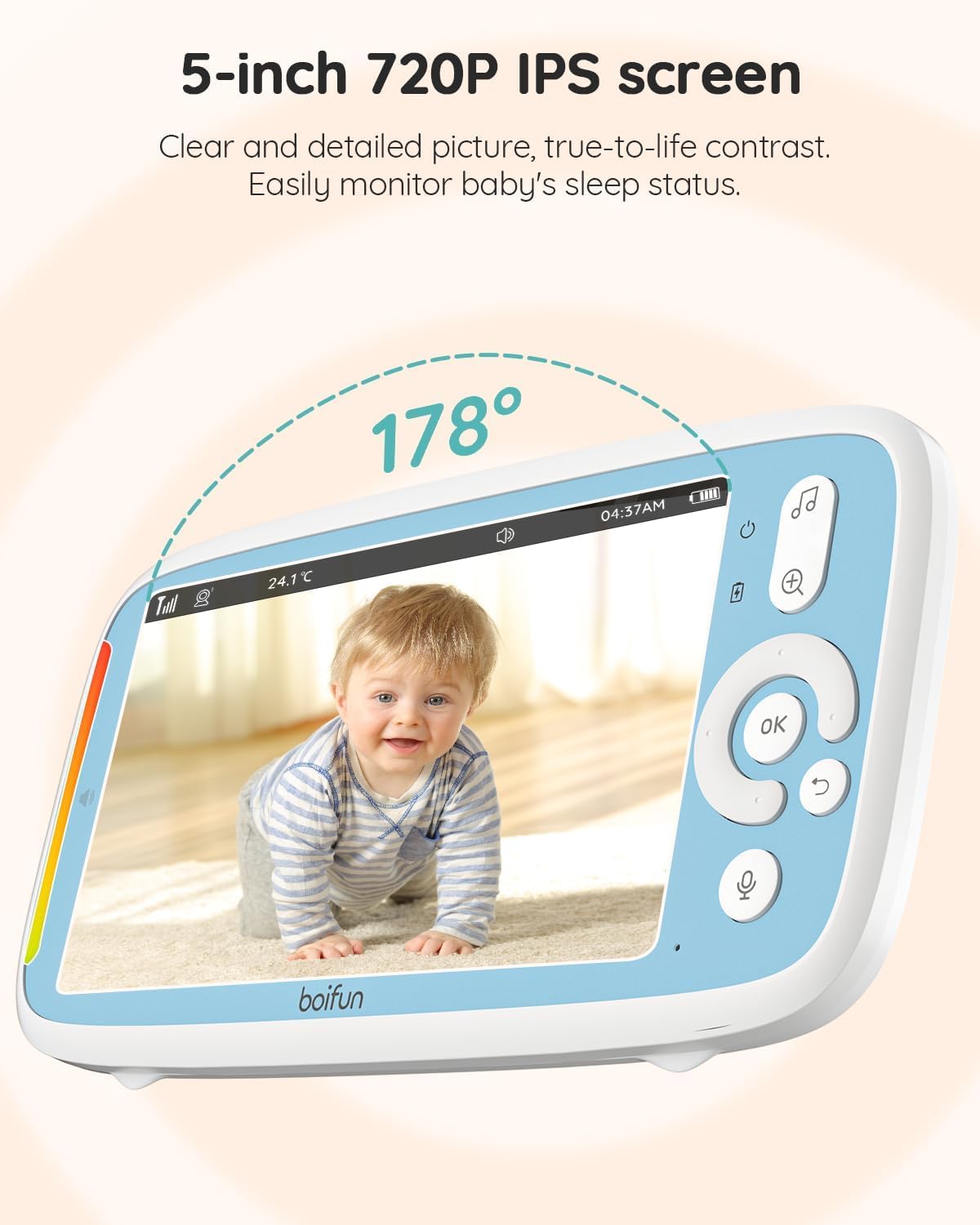 BOIFUN Video Baby Monitor with 2 Cameras, 5-inch 720P IPS Screen, Dual 360 Camera, No Wifi, 3050mAh Battery, VOX Mode, Invisible Night Vision, Two-way Audio, Temperature Sensor, Lullabies, Elder,Twins