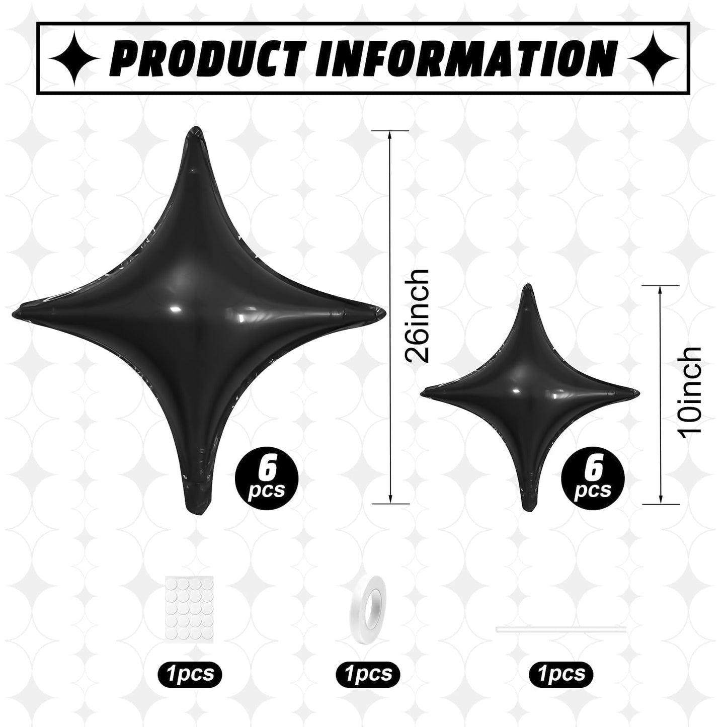 Black Star Balloons,12Pcs Four Angle Star Foil Balloons,26Inch and 10Inch Black Quadrangle Helium Polyester Film Balloon for Birthday Anniversary Baby Shower Wedding Party Decorations