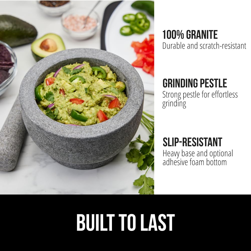 GORILLA GRIP Heavy Duty Mortar and Pestle Set with Slip Resistant Base, 100% Granite Stone Molcajete Guacamole Bowl, Grind Seeds Spices, Crush Garlic, Kitchen Muddler for Fresh Herbs, 1.5 Cup, Gray