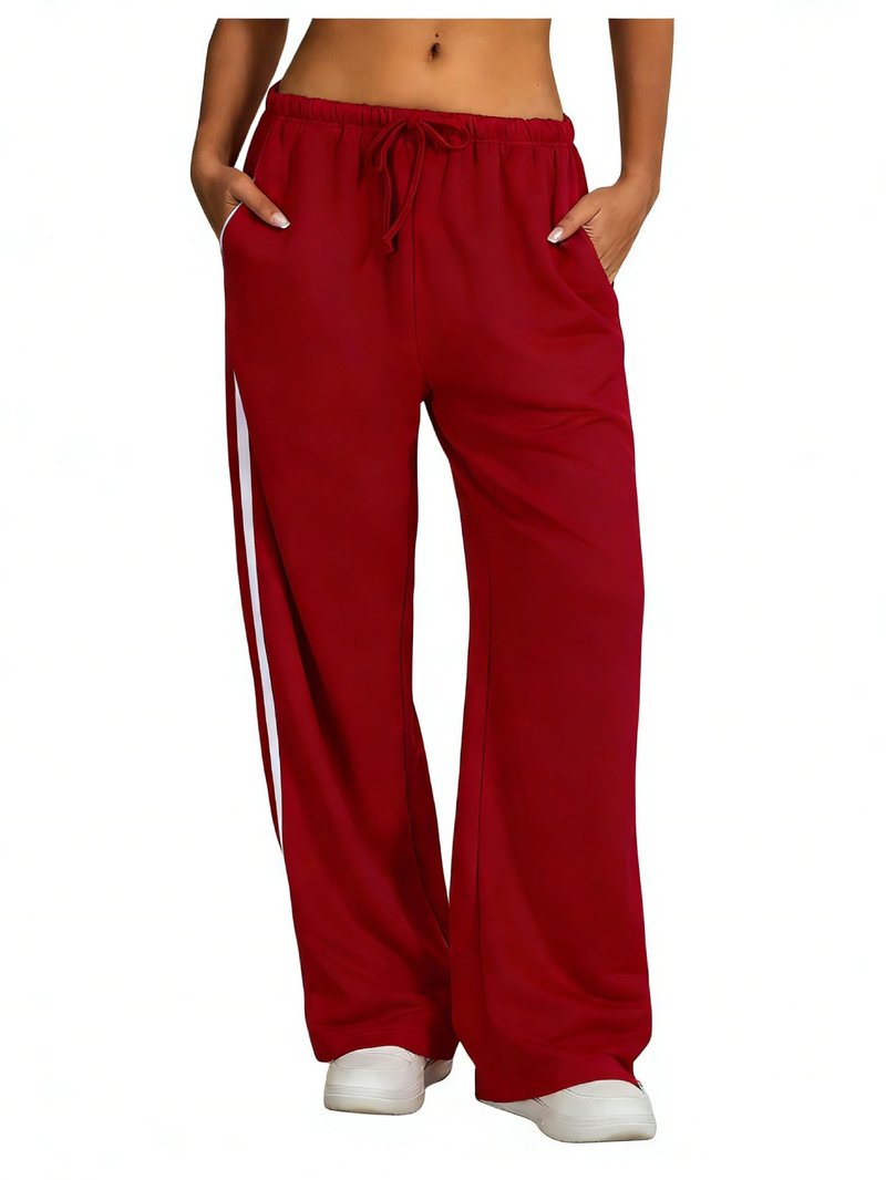 BEAUDRM Women's Y2K Baggy Sweatpants Wide Leg Track Pants Striped Low Rise Drawstring Pant Joggers Streetwear Red Medium