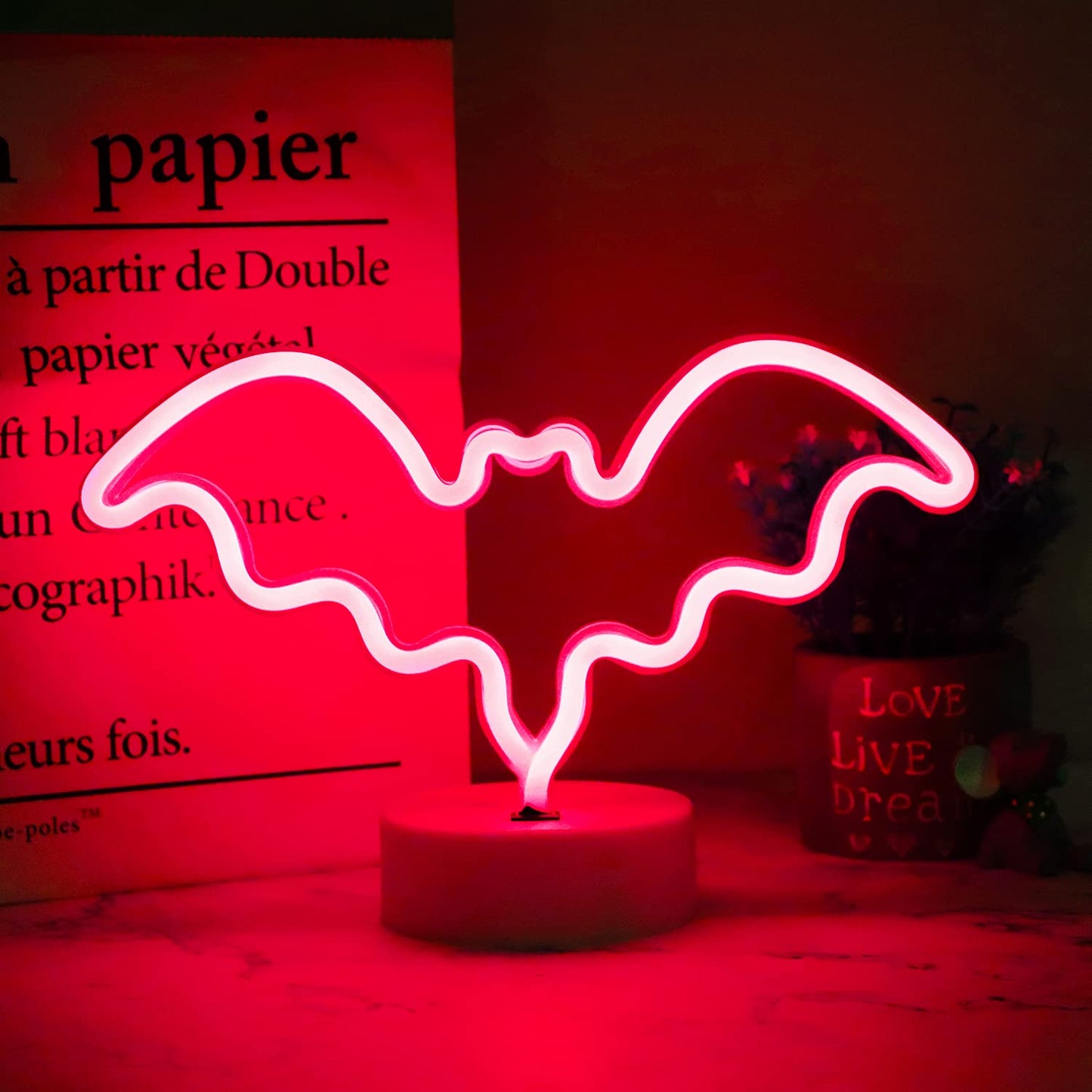 Vicila LED Neon Bat Lights Halloween Decorations, Bat Shape Neon Signs Night Lights Battery Operated Desk Table Lamp Gothic Decor for Bedroom, Bar, Wall-Bat with Holder Base(Red)