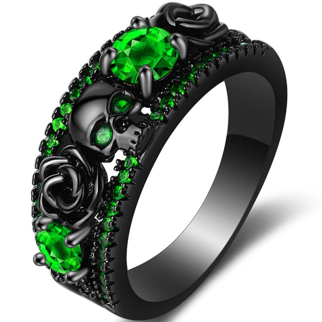 Retro Vintage Stainlless Steel Black Gold Plated Gothic Skull Hallloween Biker Ring (Black Green, 8)