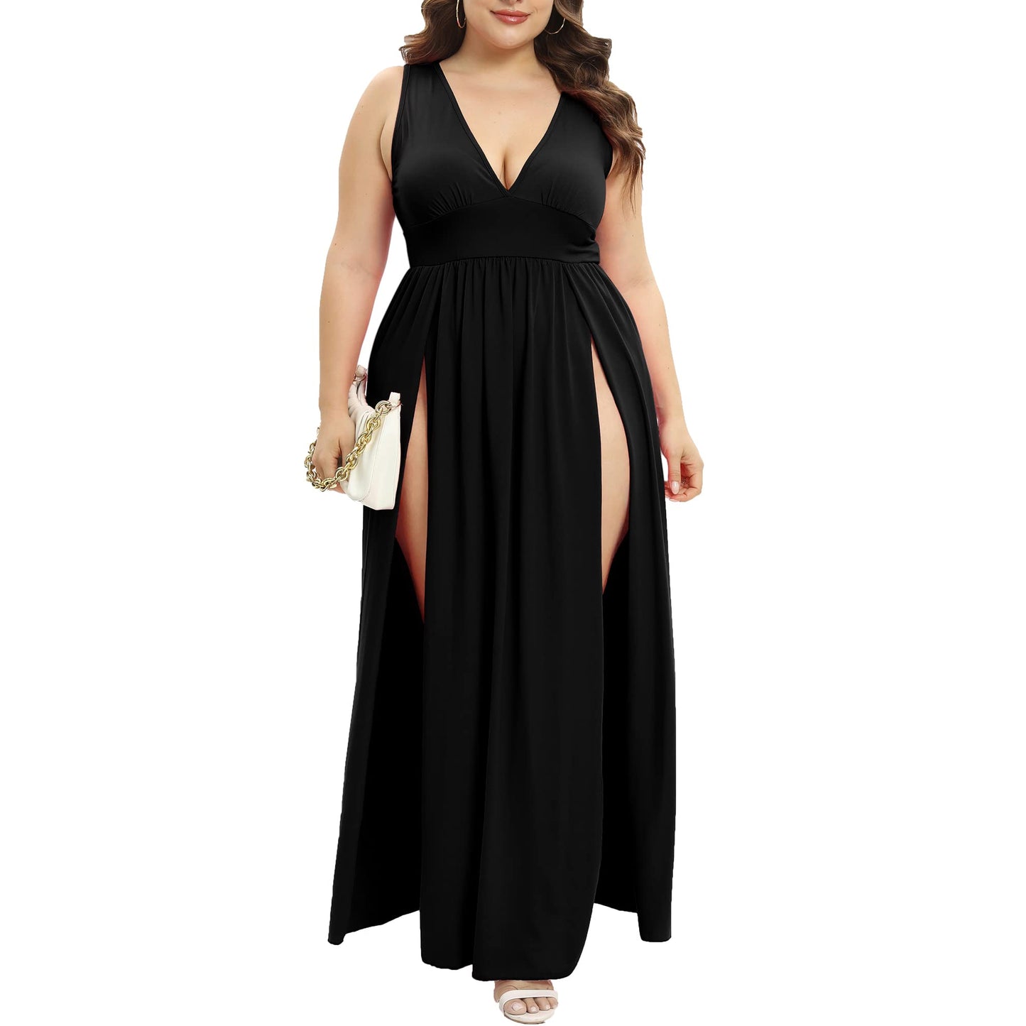 SILUI Women's Summer 2025 Sexy Double High Slit Deep V Neck Plus Size Sundresses Thigh Split Maxi Club Party Dresses