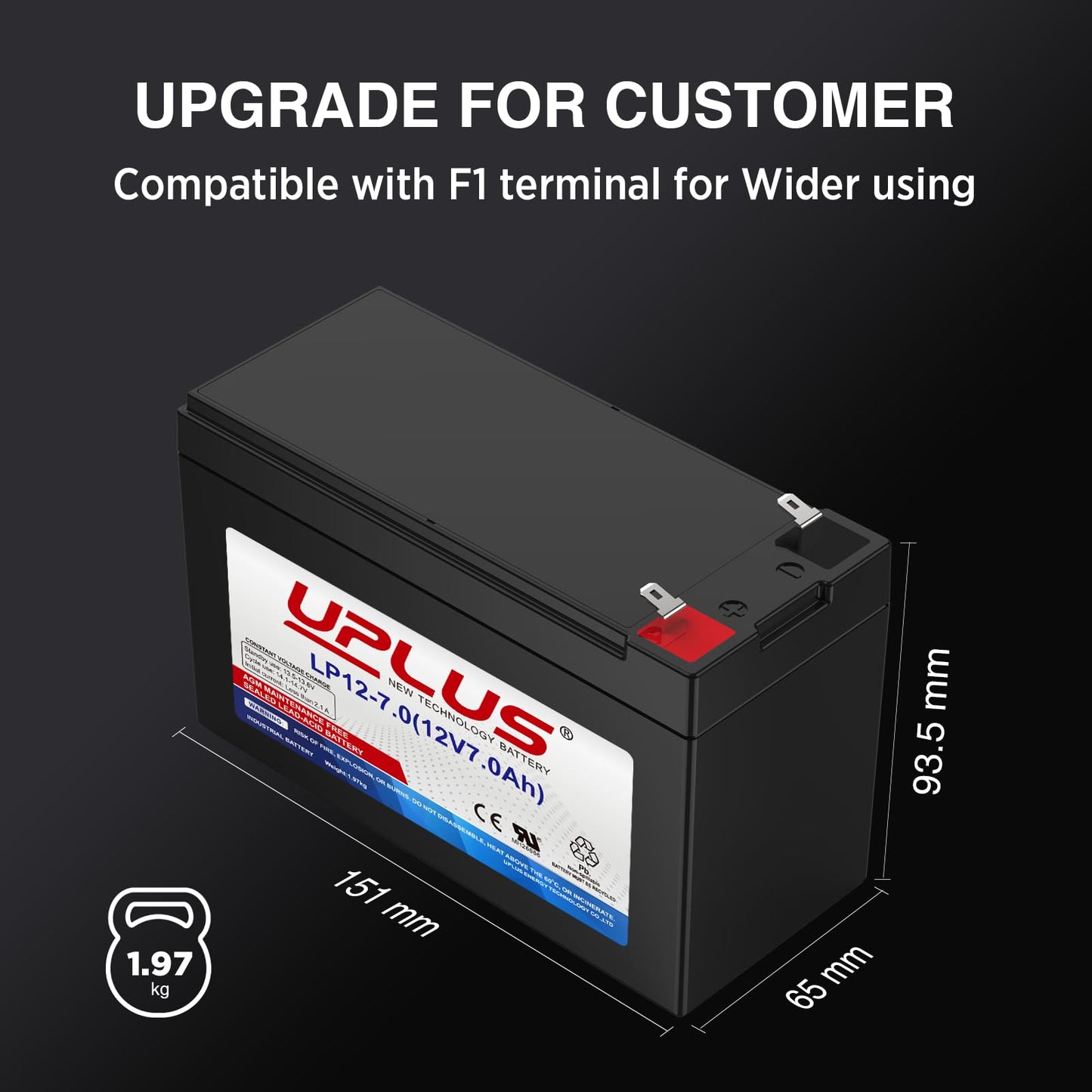 UPLUS 12V 7Ah Battery LP12-7.0, with T1(F1) Terminal, SLA Rechargeable Battery for UPS, Home Alarm, Garage Doors, Replace APC RBC17, LSLA7-12, NP7-12, Y7-12 | Confirm size before order