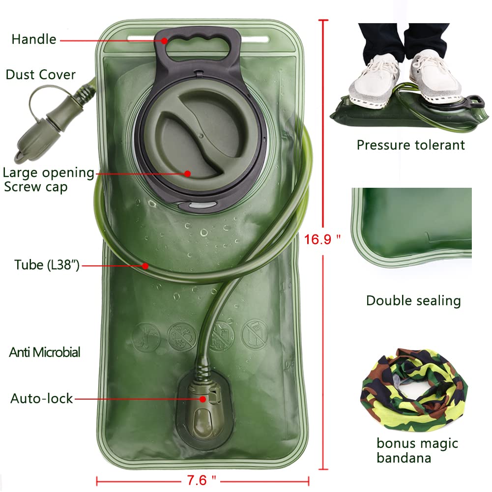 Hydration Bladder, 3L Water Bladder for Hiking Backpack, BPA-Free Leak Proof Water Reservoir Storage Bag, Water Pouch Hydration Pack Replacement for Camping Cycling Running, Military Green