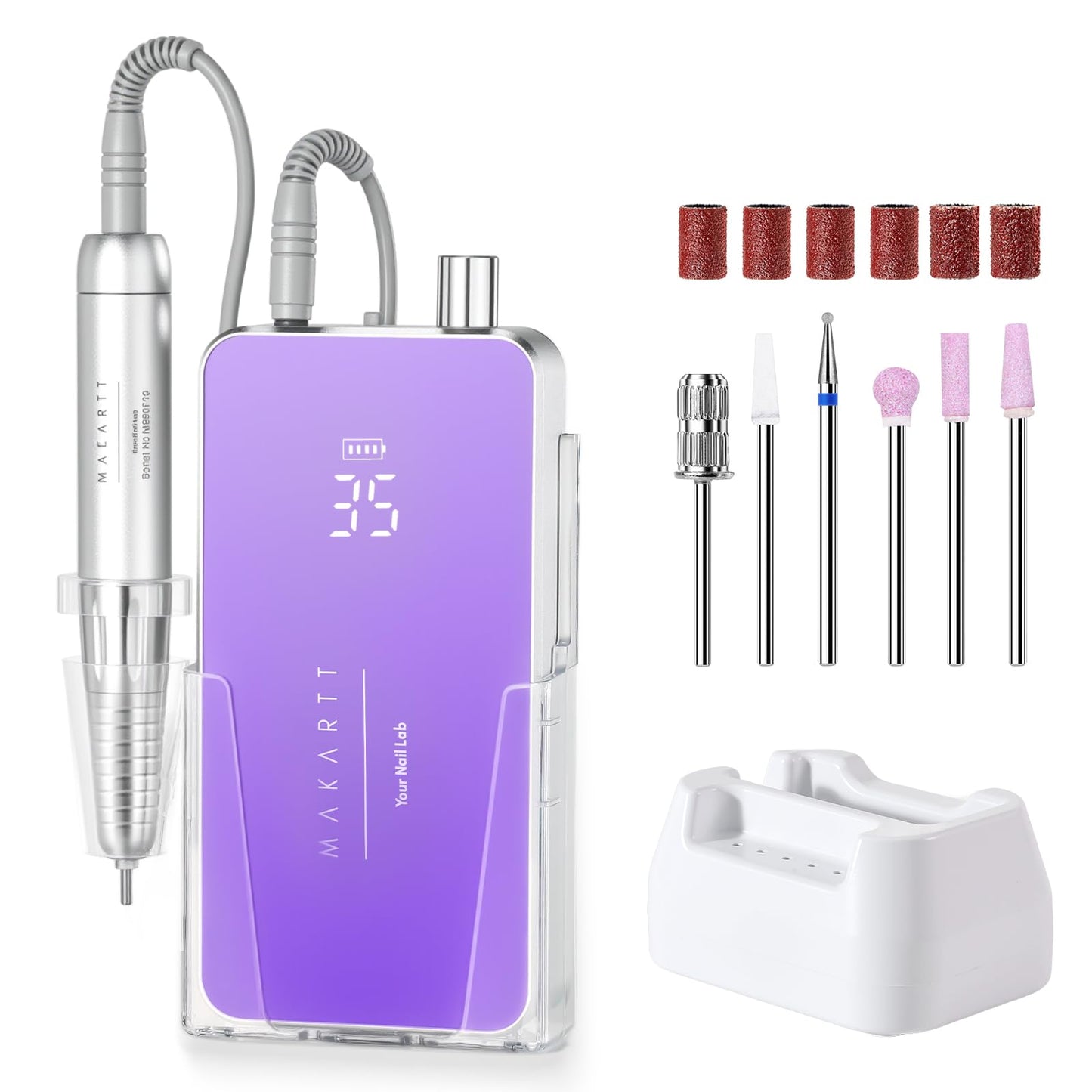 Makartt Nail Drill Professional: 60W 35000RPM Electric Nail File with Coreless Motor, 2 in 1 Desktop & Portable, Drill Bits and LCD Display for Acrylic Gel Nails, Nouvella Pink