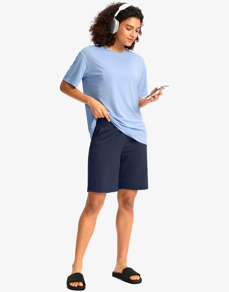 G Gradual Women's Bermuda Long Shorts with Pockets 9" High Waisted Knee Length Shorts for Women Walking Athletic Workout(Navy,M)