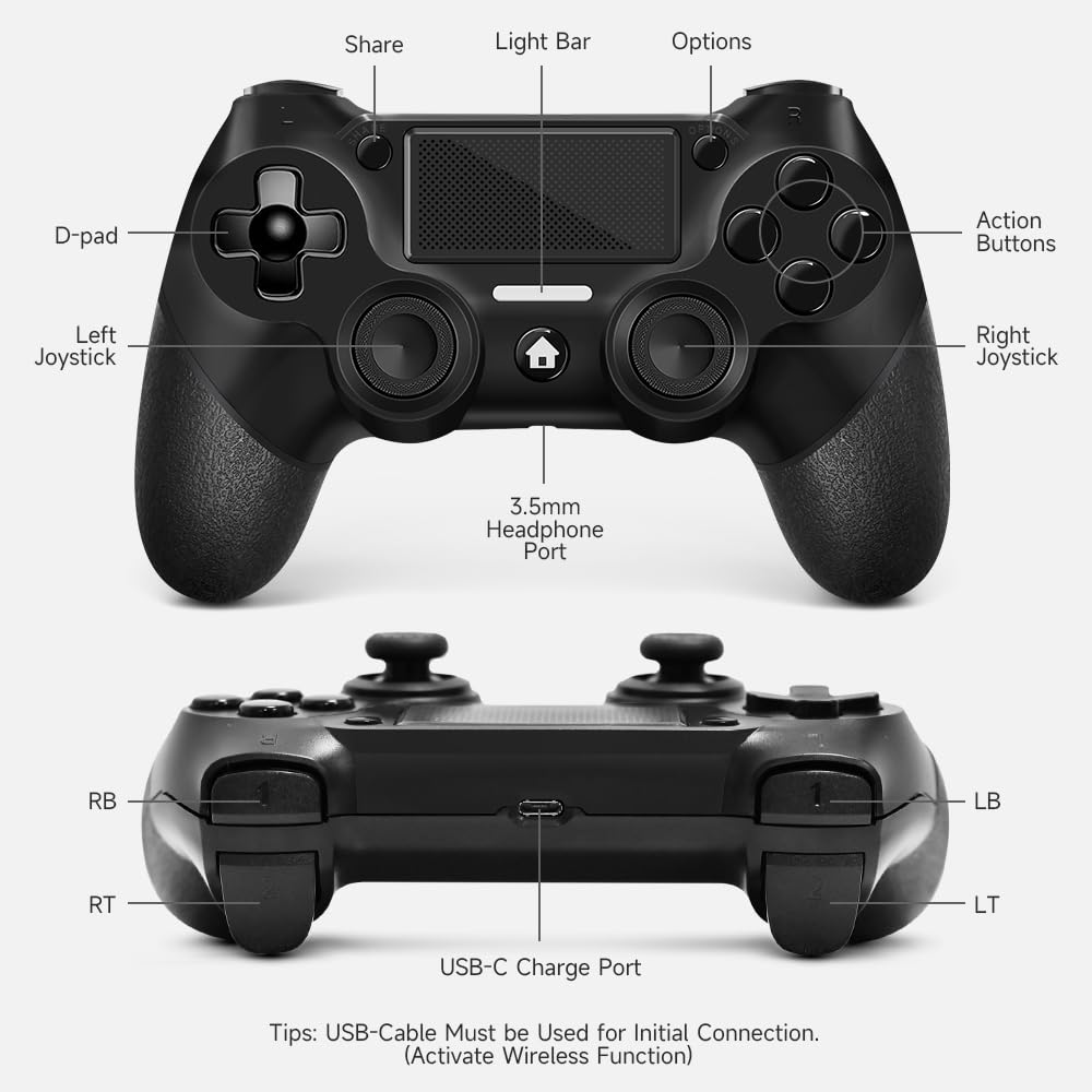 AceGamer 2 Pack for PS4 Controller, Wireless Controllers for PS4/Pro/Slim/PC, with Non-Slip Grip of Both Sides and 2 USB-C Cable! (Midnight Black * 2)
