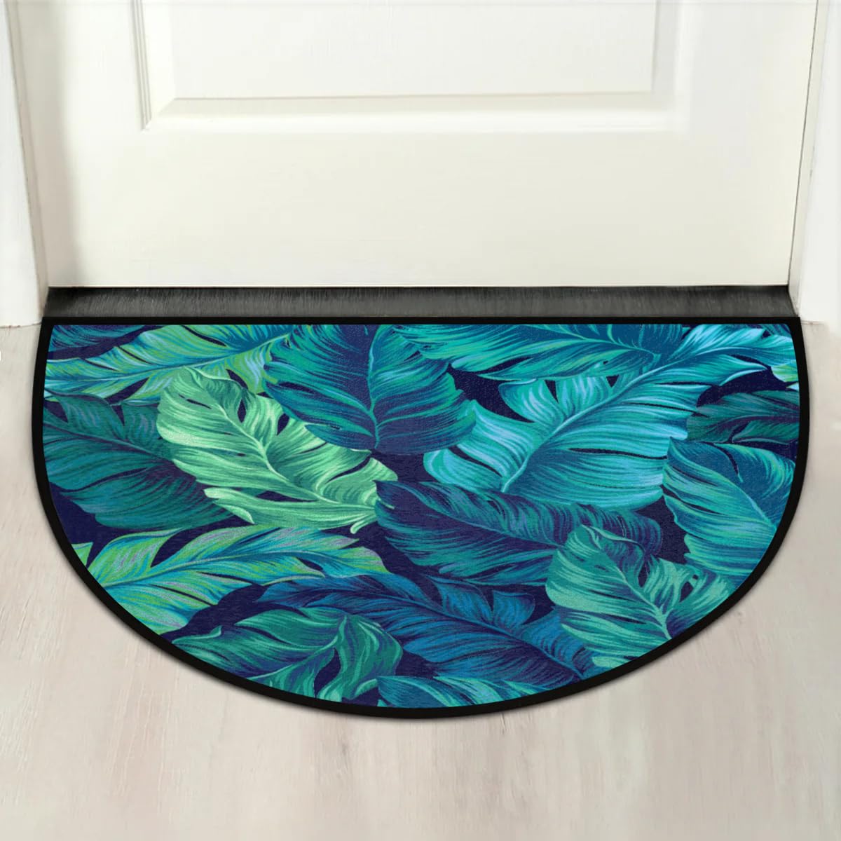 Tropical Palm Leaf Half Round Door Mat - Non-Slip Washable Half Circle Area Rug,Plant Jungle Half Moon Rugs for Outdoor and Indoor Home Entrance, Bedroom, Living Room Semi Circle Doormat 36*24in