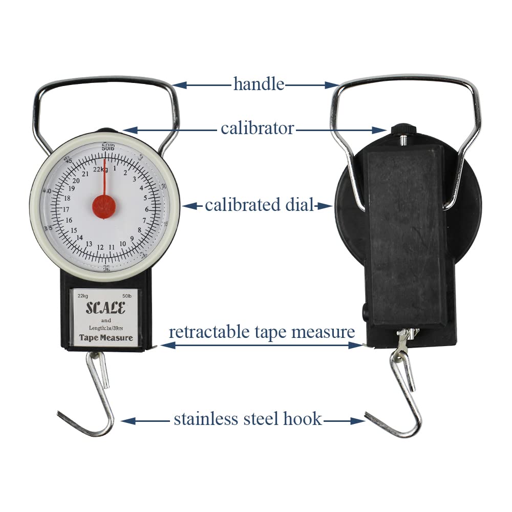 JSHANMEI Digital Hanging Scale Mechanical Kitchen and Fishing Scale Multi-Purpose Portable Hand Held Dial Weight Scale with Tape Measure (50 Lbs / 22Kg)