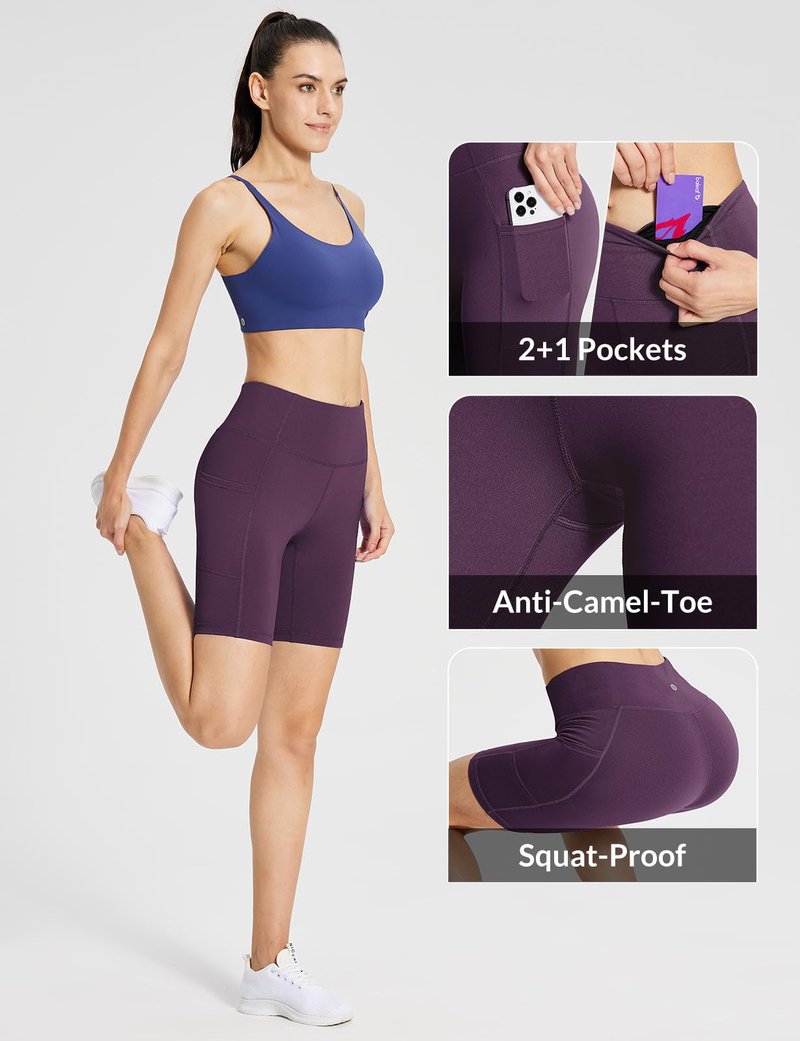 baleaf Biker Shorts Women Yoga Gym Workout Spandex Running Volleyball Tummy Control Compression with Pockets 8" Purple XL