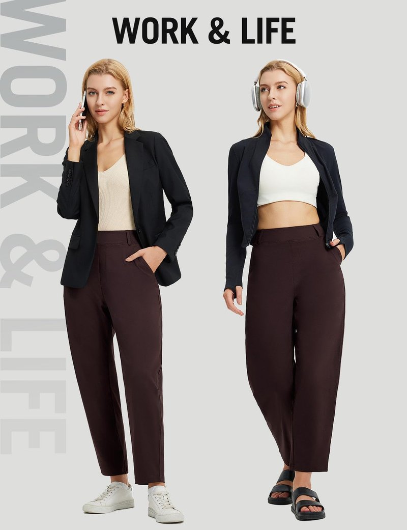 baleaf Womens Ankle Barrel Pants Stretch Travel Pants Petite Work Pants Casual Slacks Sweatpants Dark Brown L