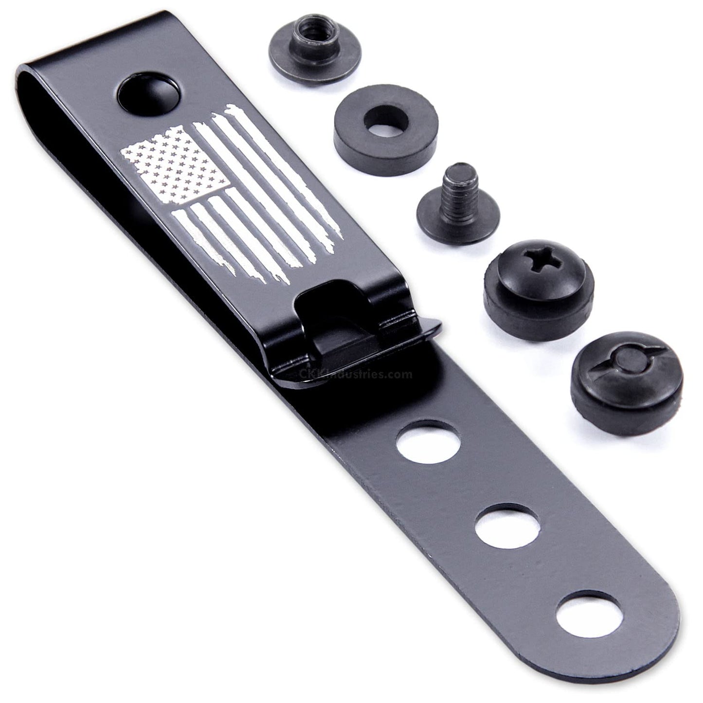 HolsterSmith Universal Metal Belt Clip for Holster Making - (Model 5) - (3-Hole) - (Tactical Black) - (w/USA Flag - Distressed Engraving) - (w/Mounting Hardware) - (1 Pack)