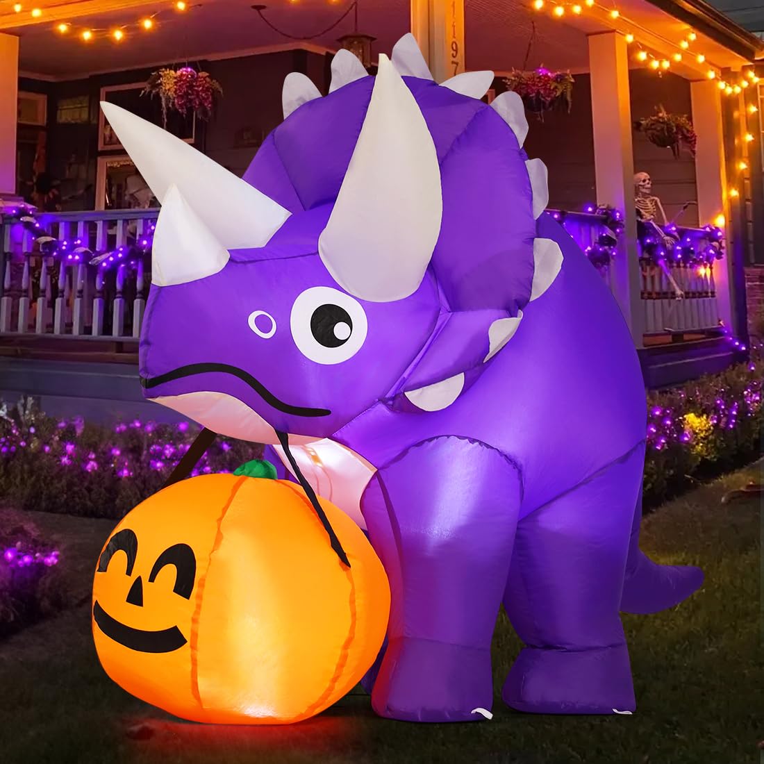 GOOSH 5 FT Width Halloween Inflatables Dinosaur Outdoor Decorations Blow Up Yard Dinosaur with Pumpkin with Built-in LEDs for Garden Lawn Indoor Party Decor
