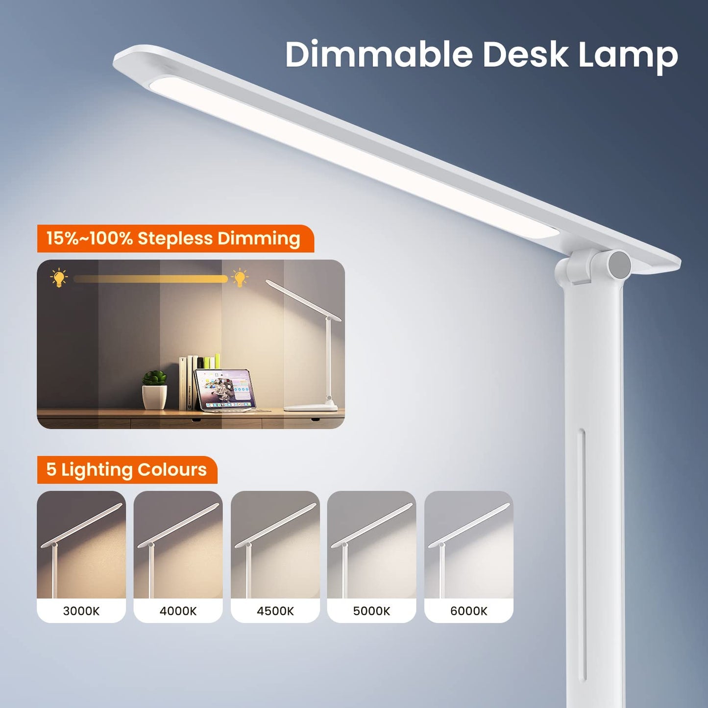 BICKON Desk Lamp, 5 Colour & 15%~100% Adjustable Brightness Dimmable LED Desk Lamp for Study, Eye-Caring Desk Light USB Powered, Auto Timer Table Lamp for Desk, Office, Reading, Bedroom, Gifts