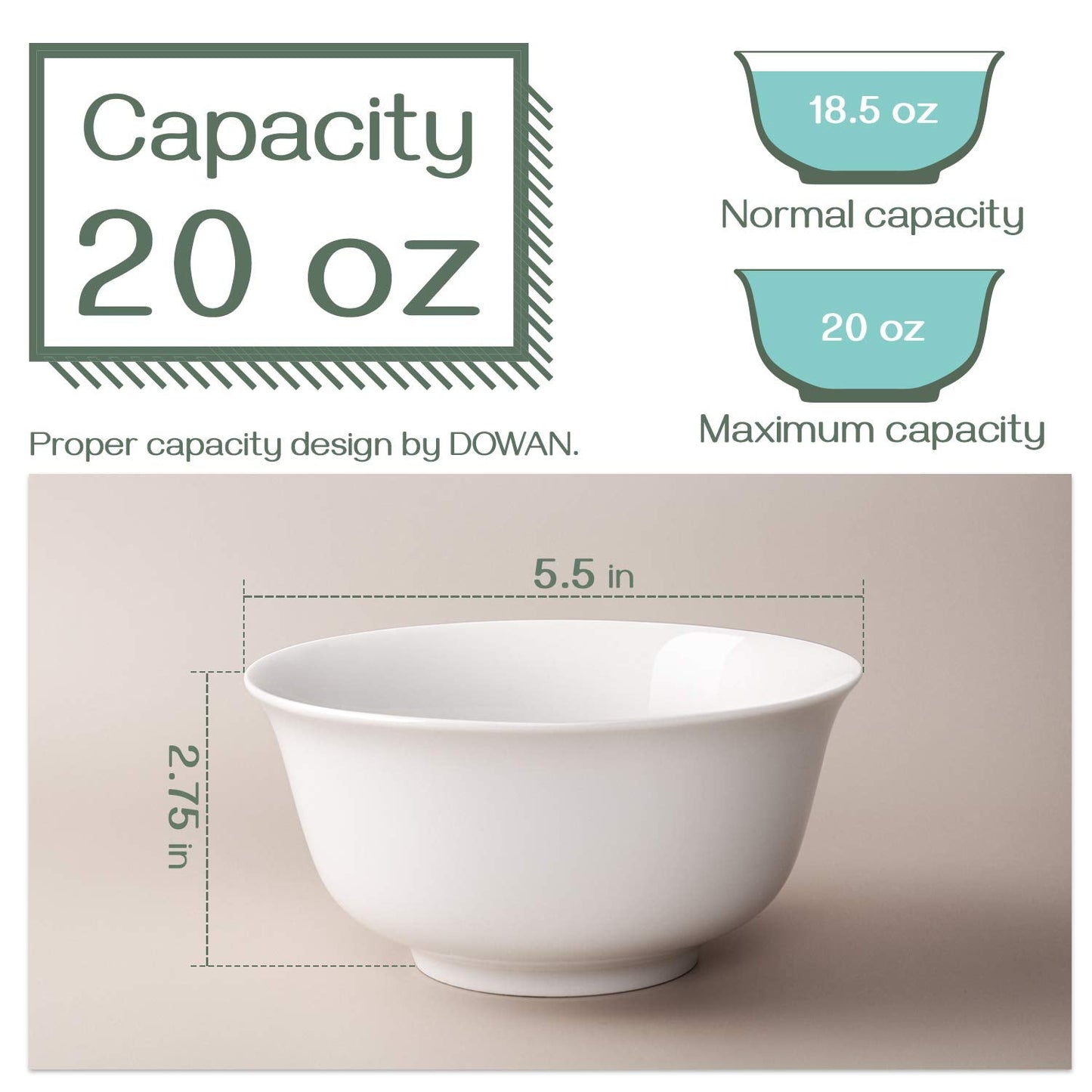 DOWAN 20oz Ceramic Cereal Bowls - 6 White Kitchen Soup Bowls Set - Deep White Bowls for Soup, Cereal and Salad, Microwave and Dishwasher Safe