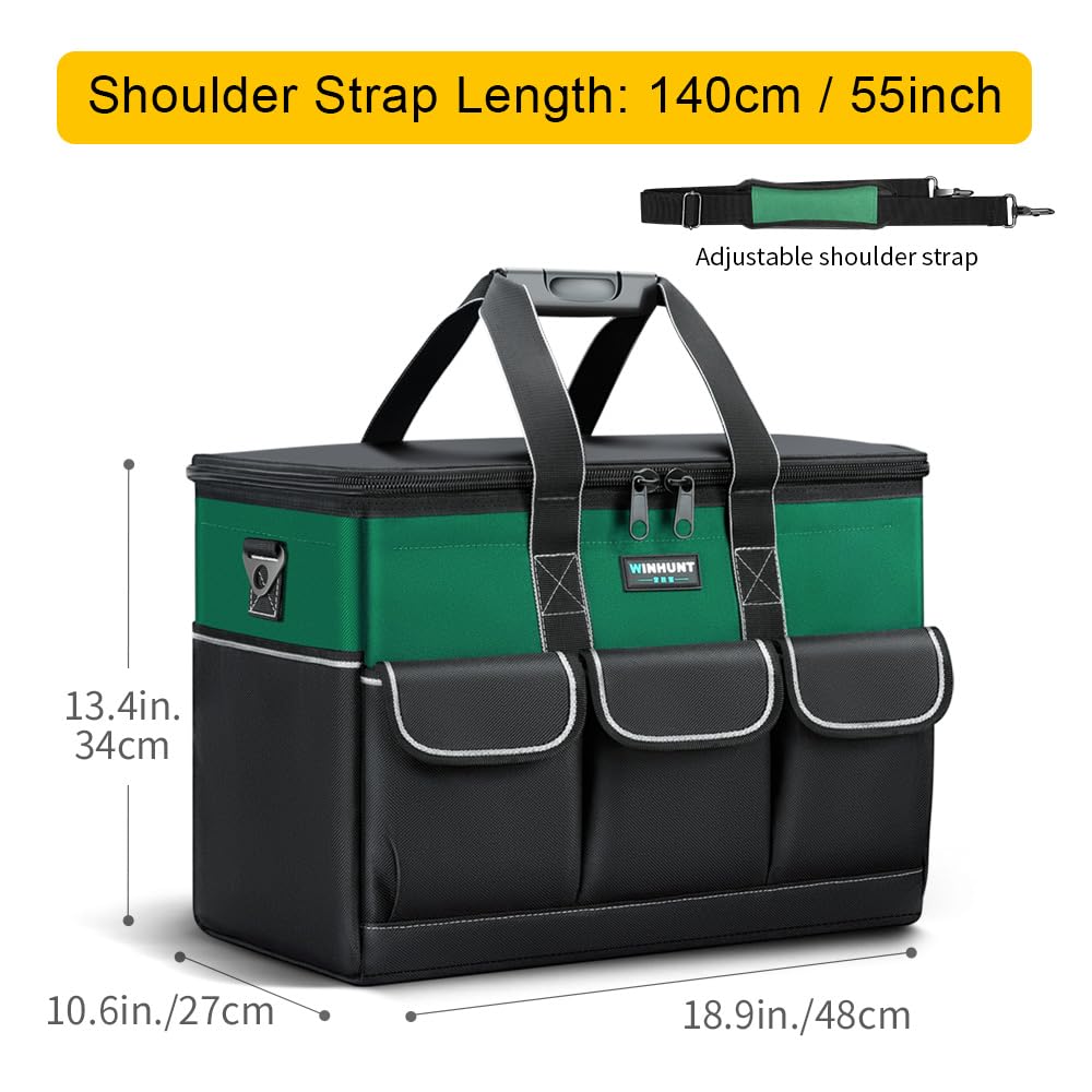 WINHUNT Tool Bag, 19-inch Wide Mouth Tool Organisers, 600 Denier with 6 Interior 8 Exterior Pockets Large Tool Bag for Home DIY & Equipment Storage, Green and Black (19 inch)