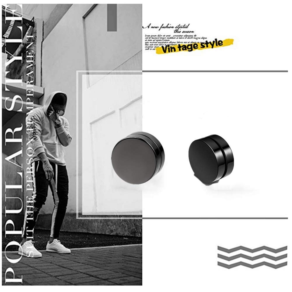 Flongo Men's Women Punk 6-12mm Stainless Steel Black Magnetic Non-piercing Clip Fake Cheater Stud Earrings