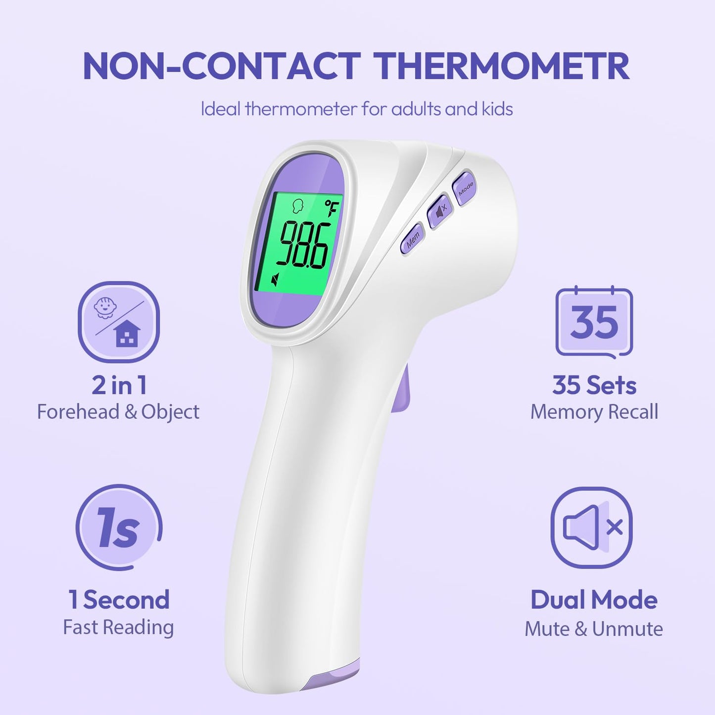 Forehead Thermometer for Adults, Kids & Babies, No-Touch Digital Thermometer with LCD Backlight Display, FSA HSA Eligible, Fever Alarm and 1s Instant Reading - Purple