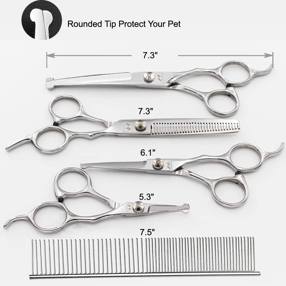 iSeaFly Dog Grooming Scissors Kit with Round Tip, 6 in 1 Cat Dog Scissors, Stainless Steel Pet Grooming Shears, Straight, Curved, Thinning Shears, Comb for Full Body, Face, Nose, Ear & Paw