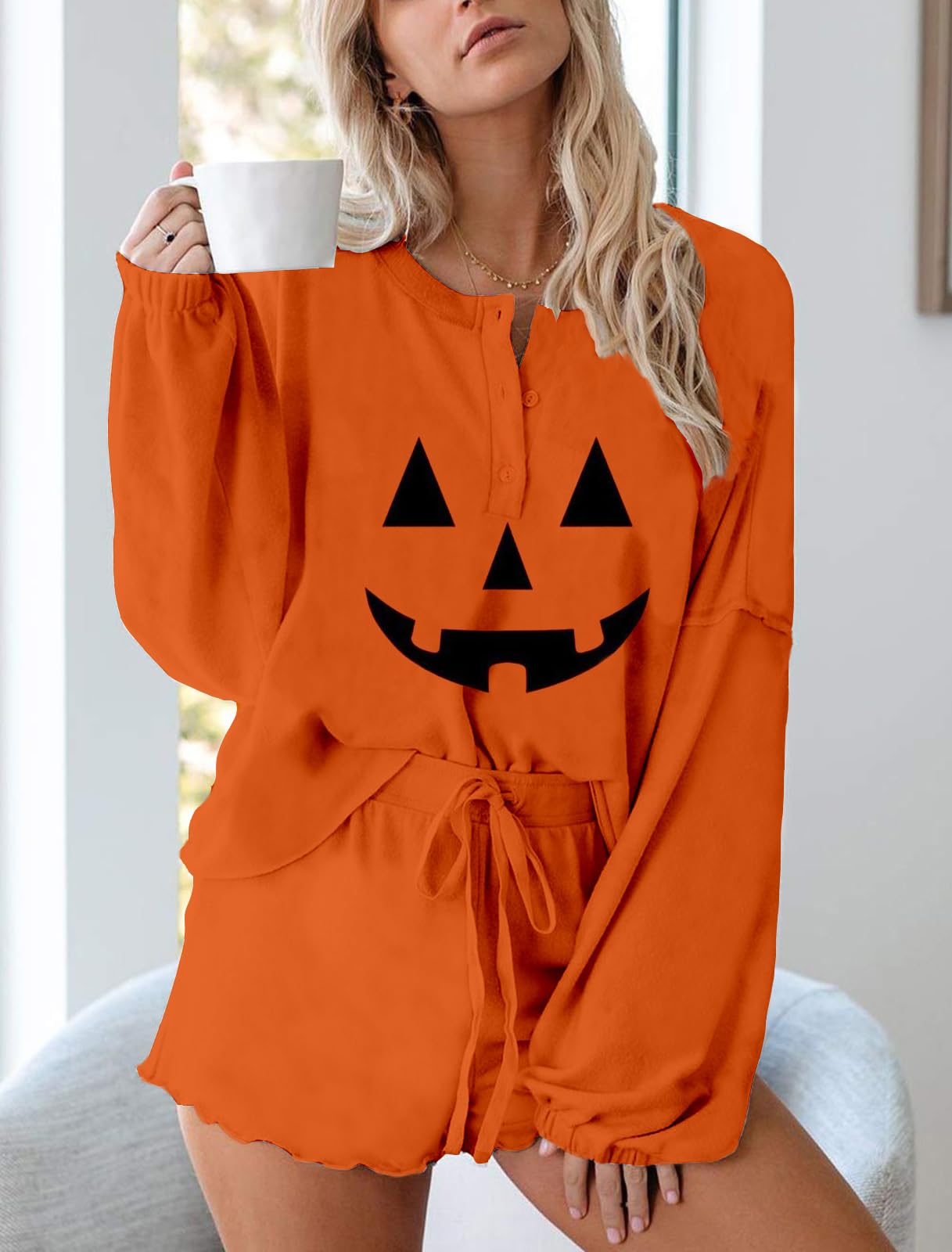 Halloween Pjs Womens Ruffle Long Sleeve Tops and Short Sets Pumpkin Halloween Pajamas BP L