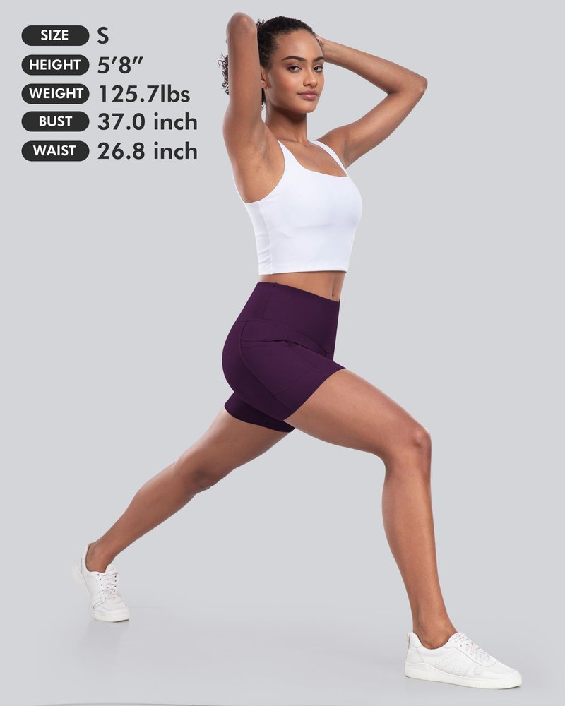 Womens Biker Yoga Shorts with Pocket, High Waisted Tummy Control 5 Inch Workout Spandex Athletic Gym Shorts(5” Purple,L)